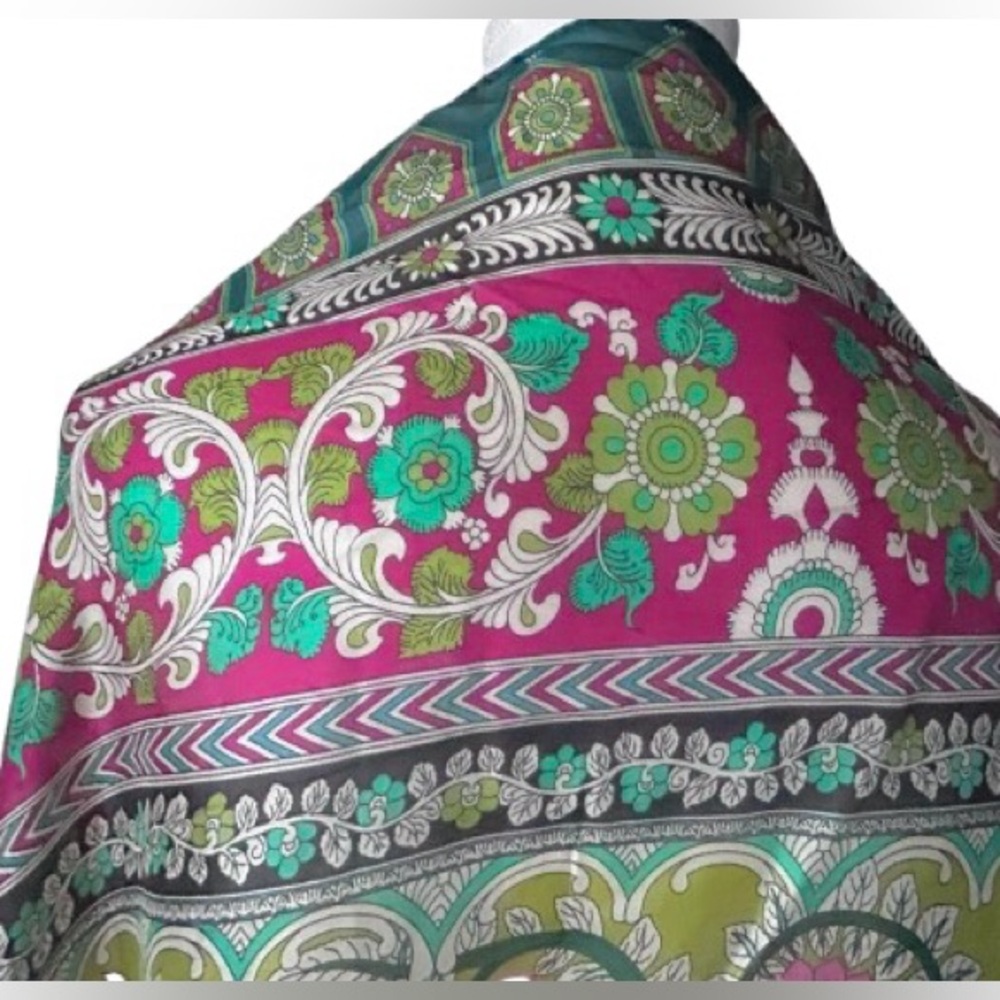 NWT 100% Silk Long Scarf Wrap Mandala Floral Boho Pink Aqua Blue Teal NEW - Picture 6 of 14